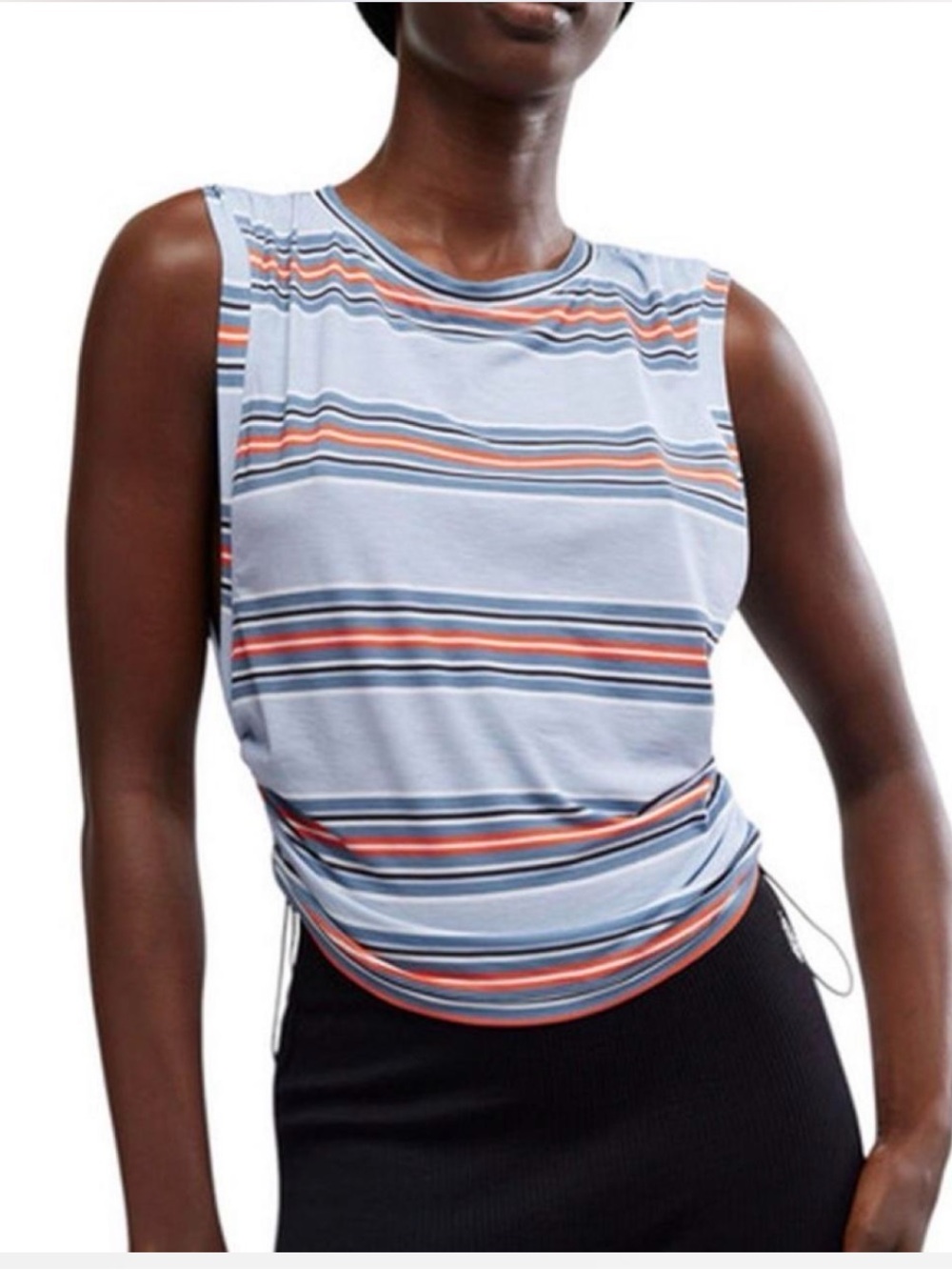 Free People Movement FP Women L Blue Stripe Cinch Crew Neck Sleeveless Tank